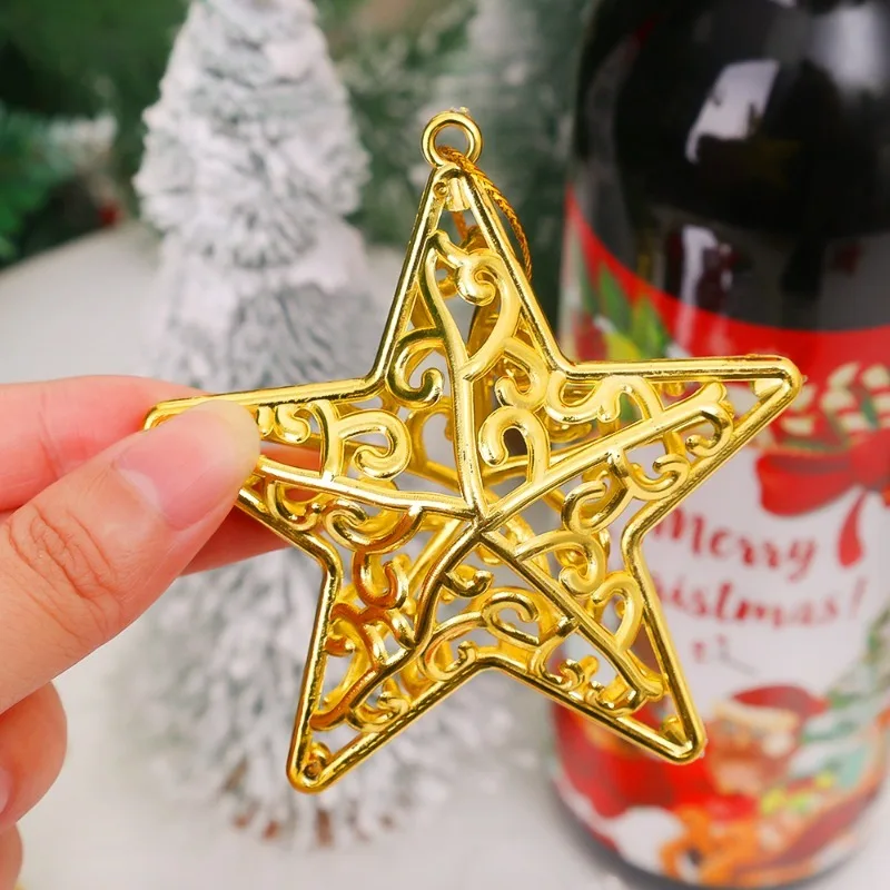 Christmas Hollowed Out Star Pendants Gold Silver Red Five-pointed Star Xmas Tree Hanging Ornaments New Year Party Decor Supply