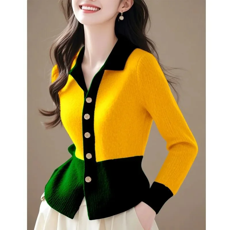 Women\'s Knitted Sweater 2025 New Spring Autumn Fashion Polo Collar Knitwear Cardigan Coat Leisure Versatile Sweater Jacket Top
