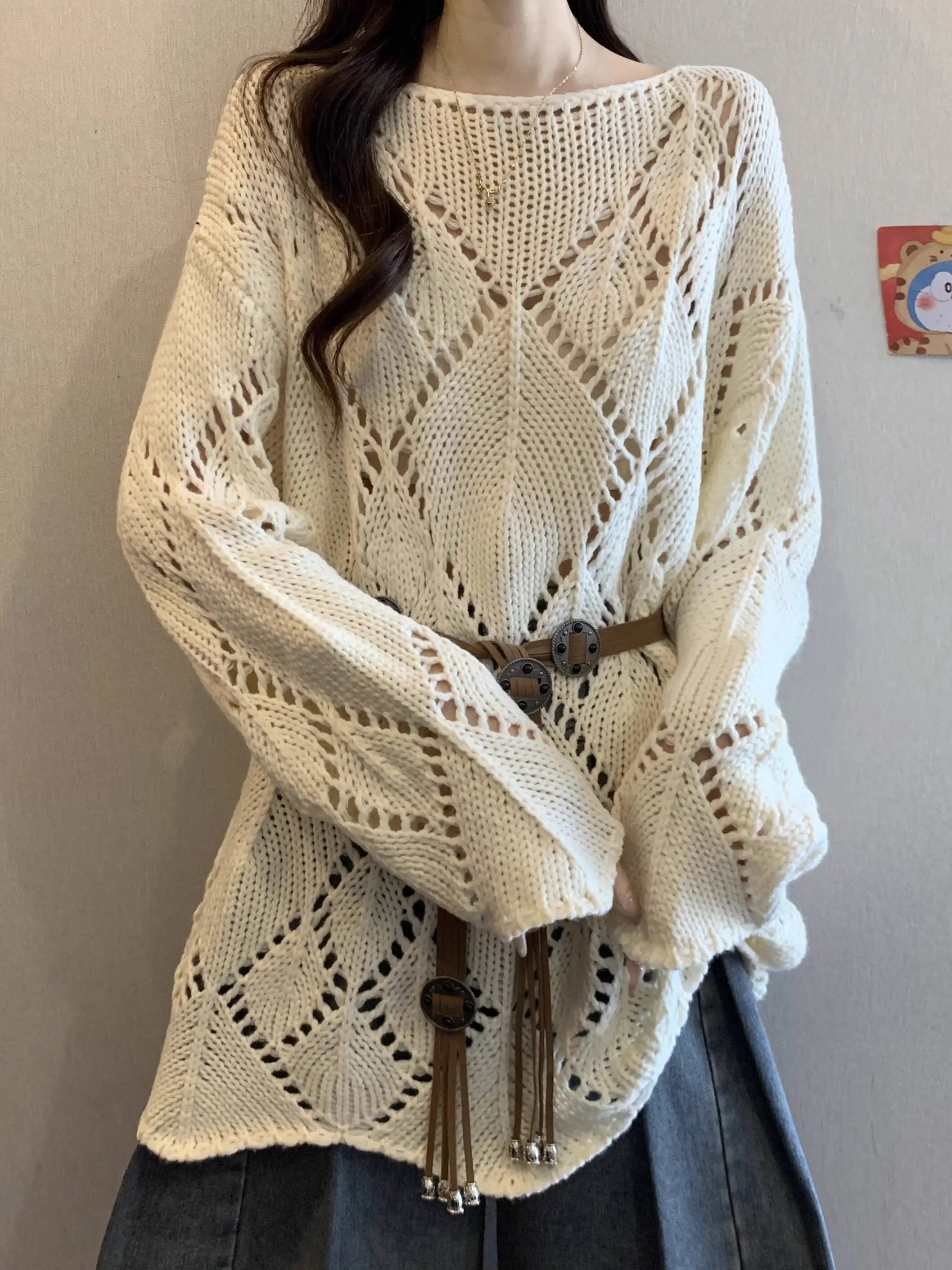 2025 Herfst Vrouwen Trui Plus Size Vrouwen Maillard Koffie Hol Lange Losse Gebreide Top Taille Cinching Slim Fit