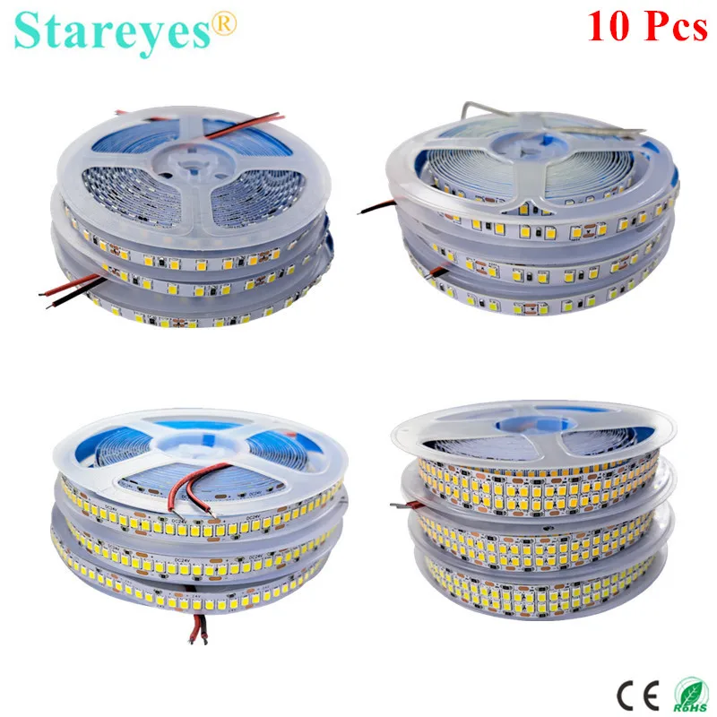 

Светодиодная лента SMD2835, 10 шт., 5 м, 120, 240 светодиодов/м, 12 В постоянного тока, 24 В, IP20, неводонепроницаемая гибкая лента, Светодиодная потолочная лампа теплого белого света