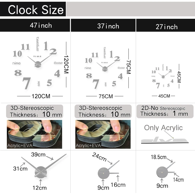 Large Wall Clock Quartz 3D DIY Big Watch Decorative Kitchen Clocks Acrylic Mirror Sticker Oversize Wall Clocks Home Letter Decor image 6