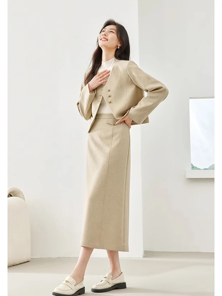 Vimly 2 Piece Sets Women Outfit 2024 Spring Crop V-neck Blazer Jacket Elastic Waist Split Midi Skirt Female Matching Sets M5728