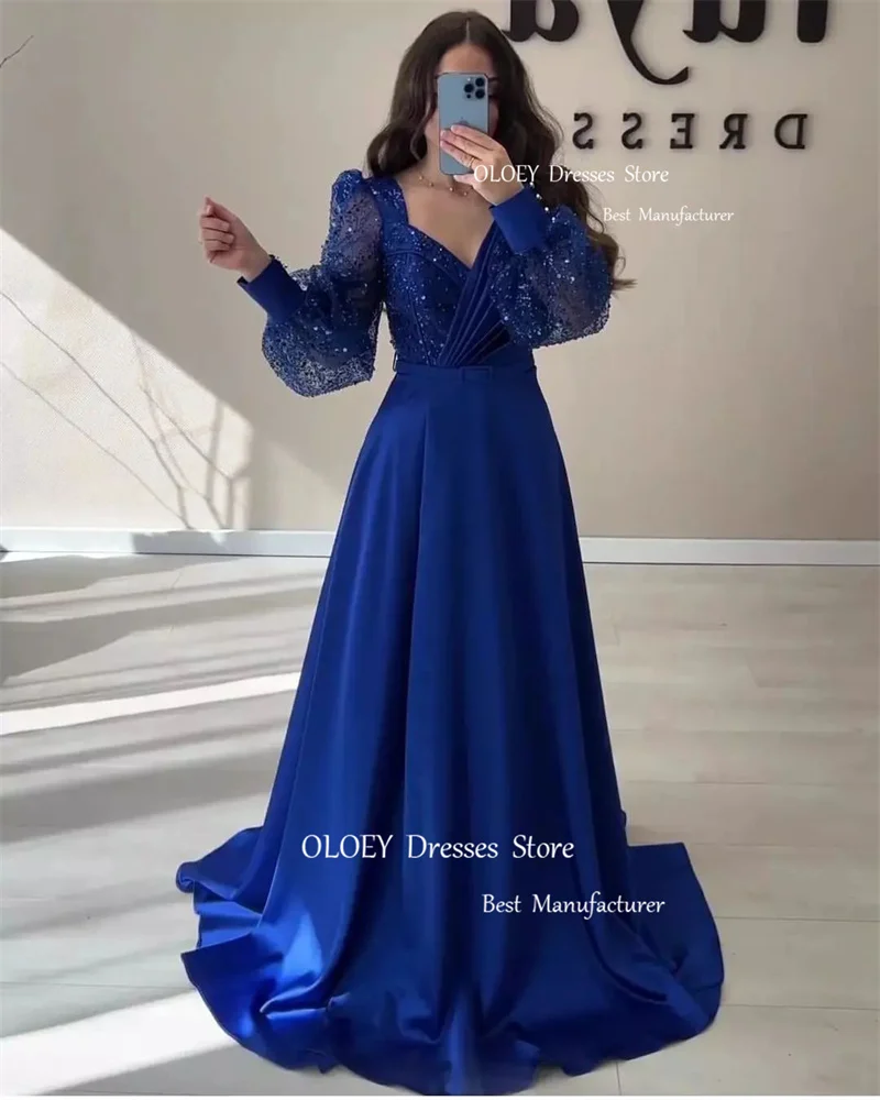 OLOEY Modest Dubai Arabic Women Glitter Evening Dresses Long Sleeves Blue Champagne Satin Prom Gowns Vintage Formal Party Dress