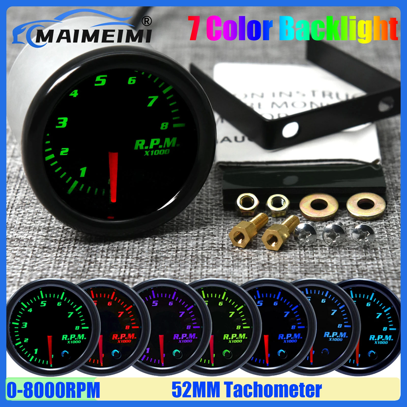 MAIMEIMI Auto Car 52MM Tachometer 0-8000RPM for 4/6/8 Cylinder Petrol Racing Car 12V Pointer Tachometer Gauge Smoke Lens