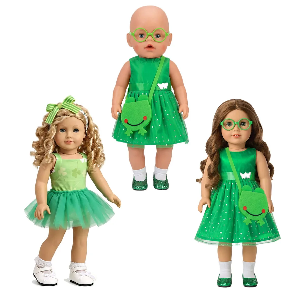 Clover Pattern Party Doll Costume Set Fit for 18 Inch & 43cm Doll Green Sleeveless Dress Romper Tutu Skirt Toy Shoes Bag Toy