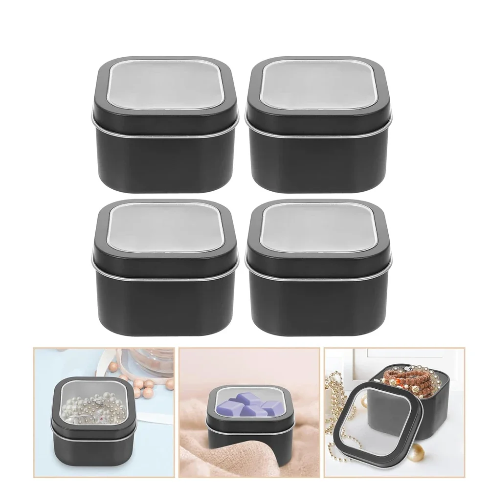 6PCS Empty Square Metal Tins with Clear Window Silver Black Tinplate Can for Candle Making Candies Gifts & Treasures Container