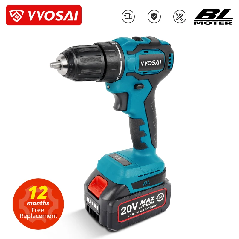 VVOSAI 20V Brushless Electric Drill 21+1 Torque 50NM Cordless Screwdriver Li-ion Battery Electric Power Screwdriver Drill