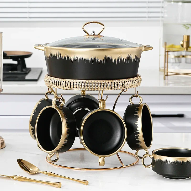 Gold-plated ceramic pot for home Phnom Penh large stockpot with lid, soup pot with hotel cutlery