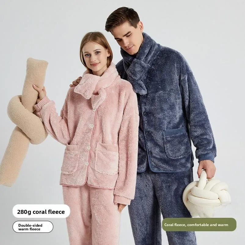 

Women's Coral Fleece Sleepwear Thickened Winter Home Clothes Outdoor Wearable Open Cardigan plus Size Couples Pyjamas Set