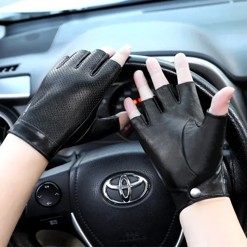 Mens Sheepskin Half Finger Driving Gloves for Fitness High Quality Breathable Leather Gloves Fingerless Driver Sports Motorcycle