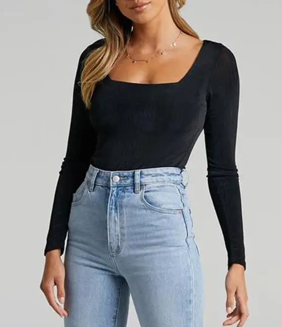 

Bodysuit Women 2026 Spring New Fashion Simple Solid Color Low Cut Square Neck Waist Yoga Style Knitted Long Sleeved Jumpsuit