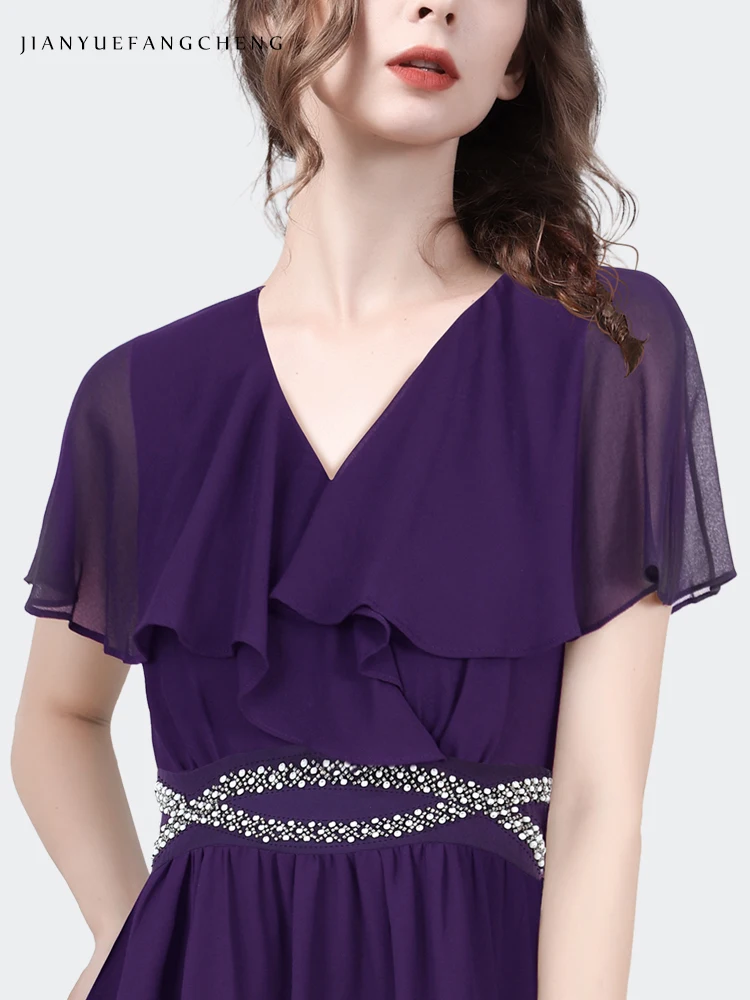 Luxury Diamond-studded Purple Chiffon Blouse Women Summer Short Sleeve V-Neck Ruffles Tops Elegant Slim Female Small Shirts