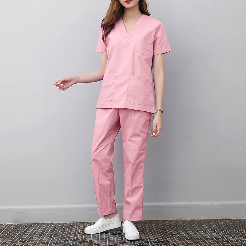 2pcs Scrubs Set Spa Uniforms Health Workers Uniform Clothing Beautician Work Clothes Scrubs Tops Pants Unisex Women Men Workwear