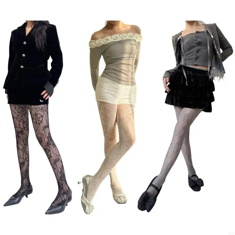 

L5YC Women Mesh Tights Vintage Floral Vine Patterned Lace Pantyhose Stockings