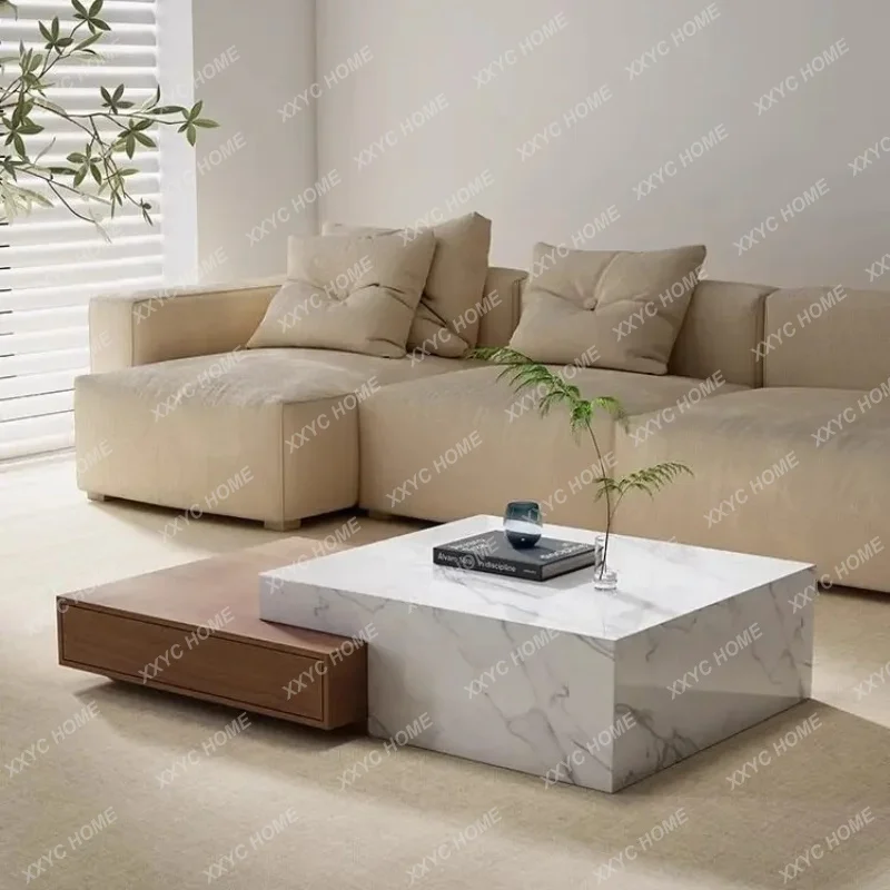 XX Modern Luxury Travertine Marble Coffee Table for Living Room Extendable Minimalist Retro Walnut Wood Slate Center Table
