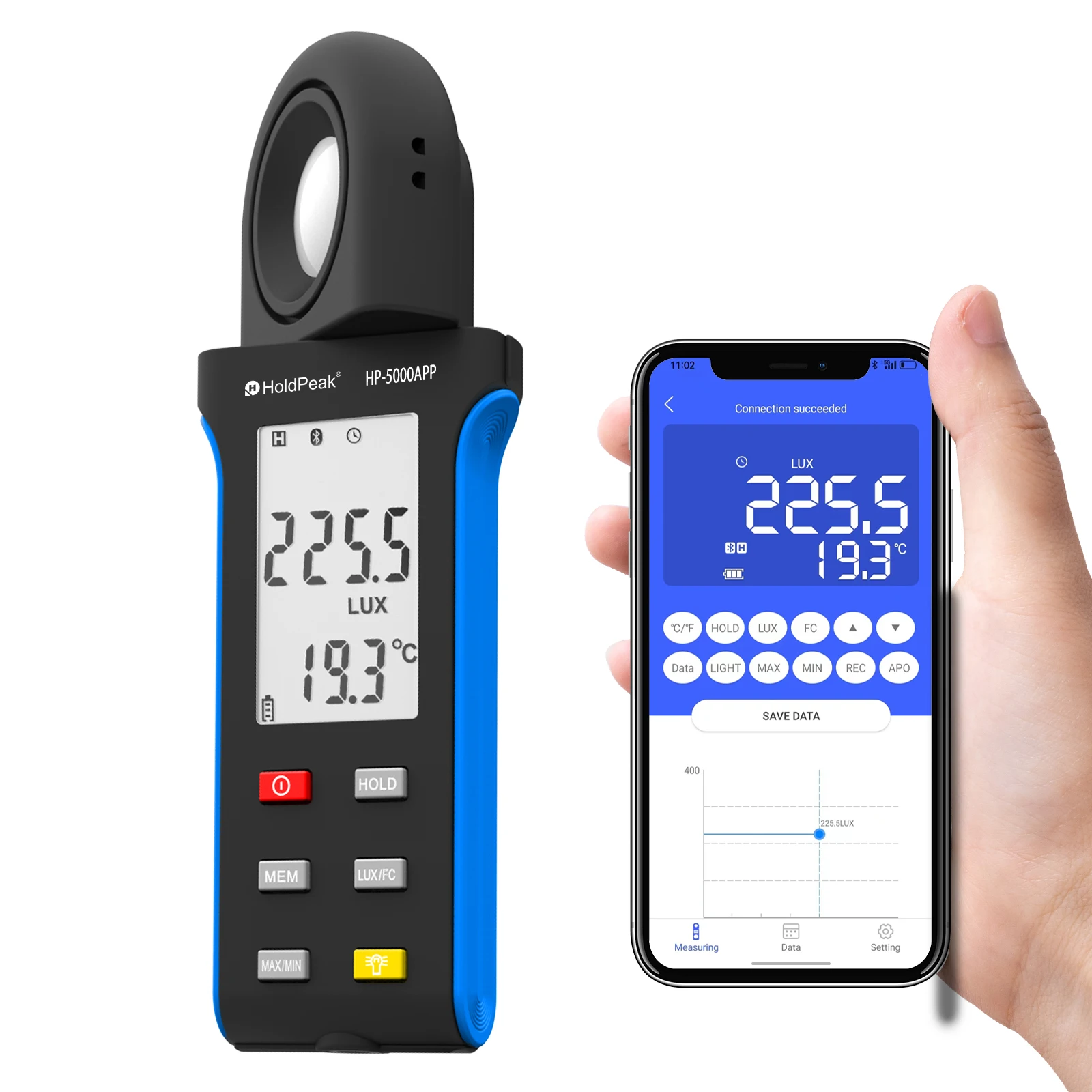 Handheld Medidor de Luz Digital com Temperatura Iluminância Medidor Bluetooth1400000lux 270 ° Rotatable Tela Lcd