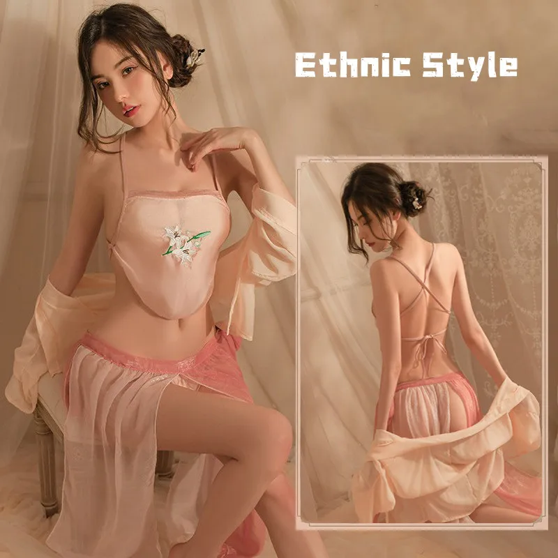 

Han Chinese Costume Women Sexy Underwear Set Seductive Passionate Thin Mesh Nightdress Ladies Sexy Babydolls Chemises Outfit