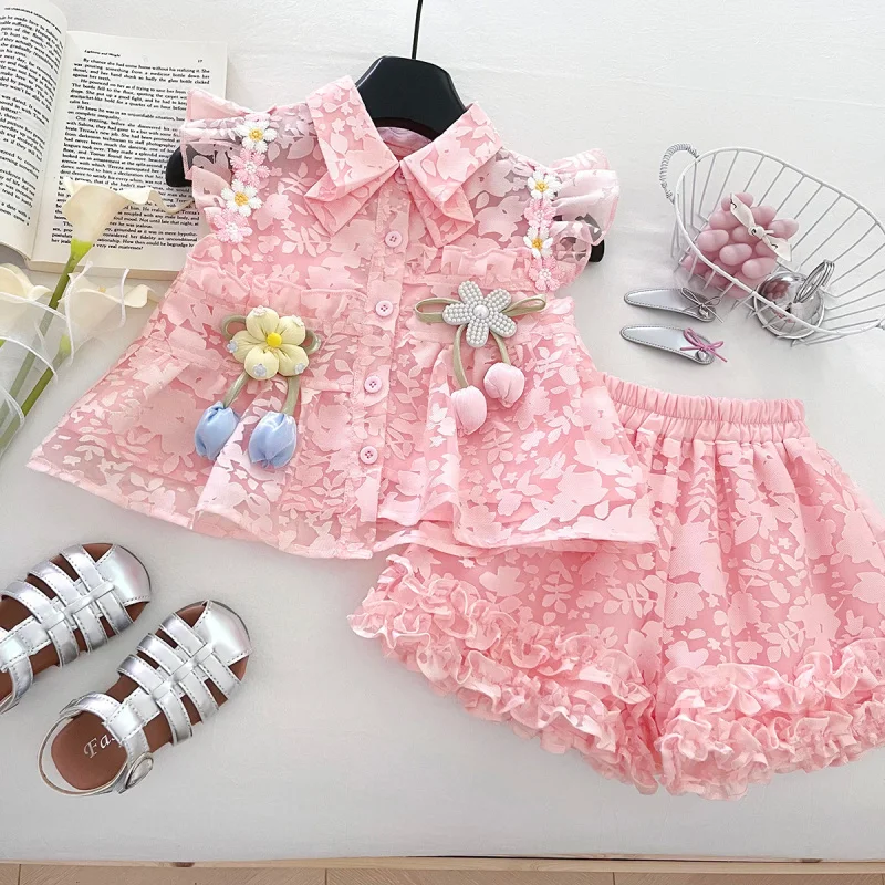 New Summer Girls' Outfit: Three-dimensional Floral Print Sleeveless Shirt and Lace Shorts Two-piece Set