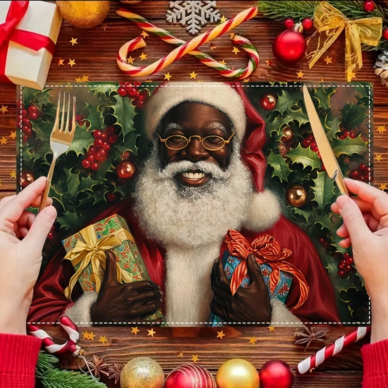 2pc Black Santa Claus Placemat* Inch Rectangular Table MatHolly Berry Table MatSuitable For Happy New Year Holiday Dining & Home