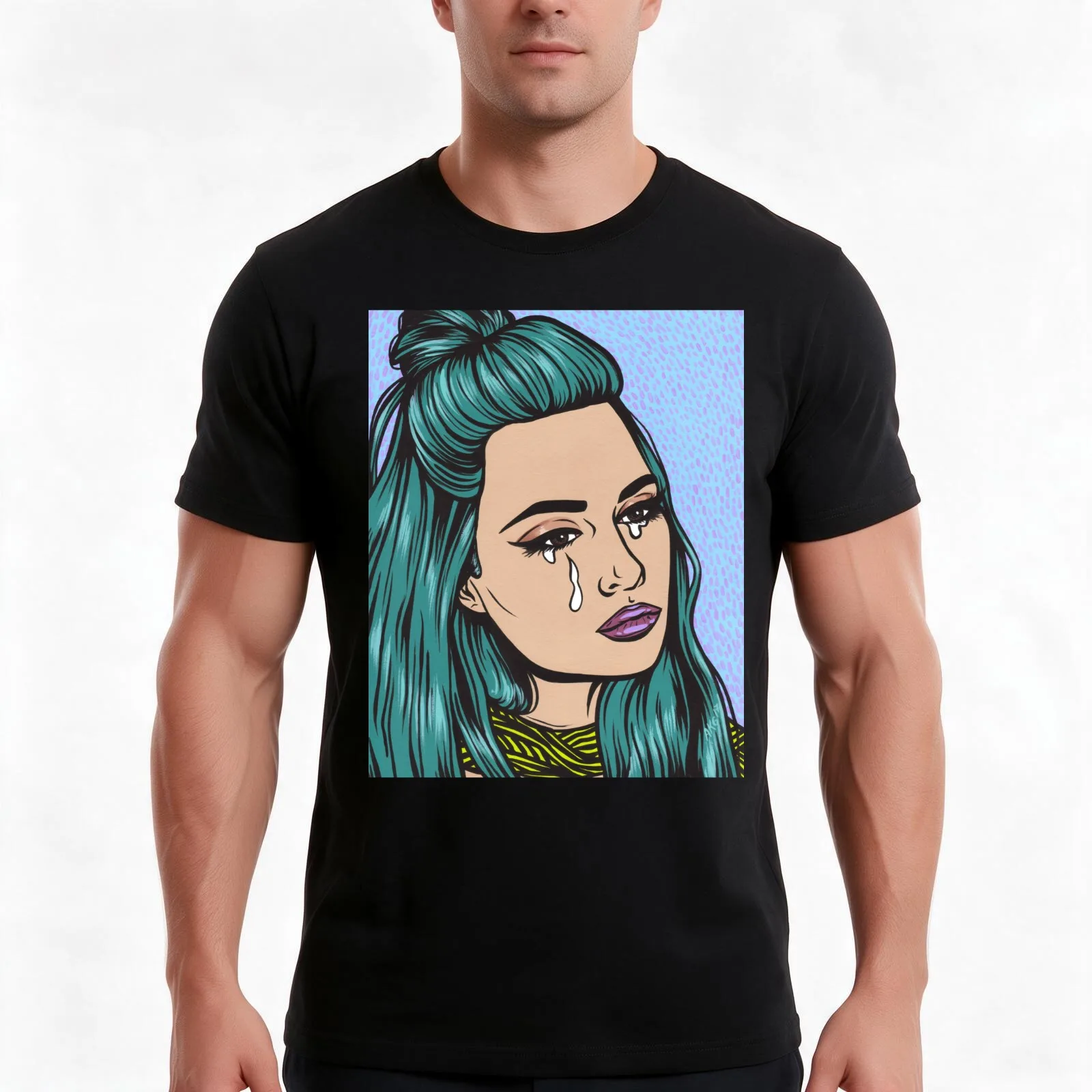 Teal Tears - Crying Comic Pop Art Girl T-Shirt, Summer Casual Cotton Tee, Oversized Streetwear Tops, Vintage Graphic Print