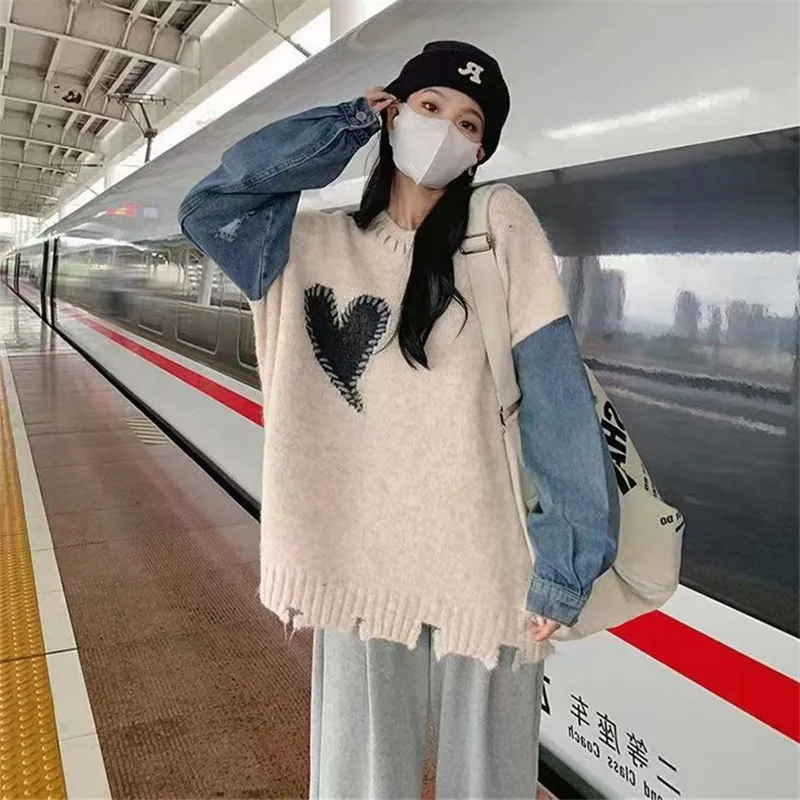 

Модный женский пуловер, джинсовый свитер с длинными рукавами и круглым вырезом, свободный вязаный топ с отверстиями, женский