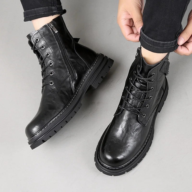 أحذية قصيرة جديدة لشتاء 2025 للرجال من الجلد أحذية عمل عالية الجودة أحذية رجالية دافئة من الصوف على الموضة #4