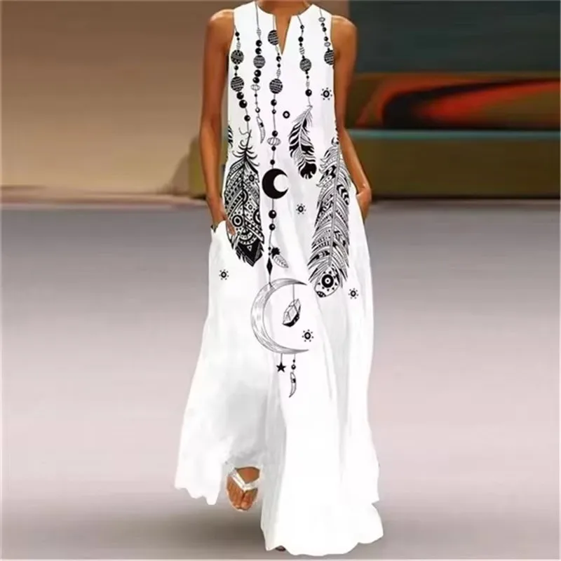 Zwarte Geometrie Paisley Print Lange Jurk Vintage Bloemen Maxi Jurk Street Wear Bohemen Jurk Dames Zomer V-hals Mouwloos Gewaad