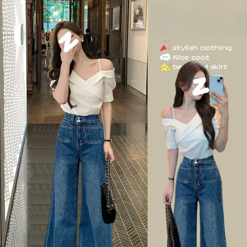 Conjunto de Moda Femenina Inspirado en el Drama Coreano Summer Hit, Top Blanco con Hombros Descubiertos, Jeans de Talla Grande, Conjunto de Dos Piezas, Manga Corta, Cuello en V