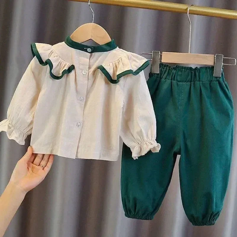 Cotton Linen Lotus Leaf Shirts Long Sleeve Tops Baggy Bow Jogger Pants Outfit Sweet Cute Girls Conjuntos Children 2 Piece Sets