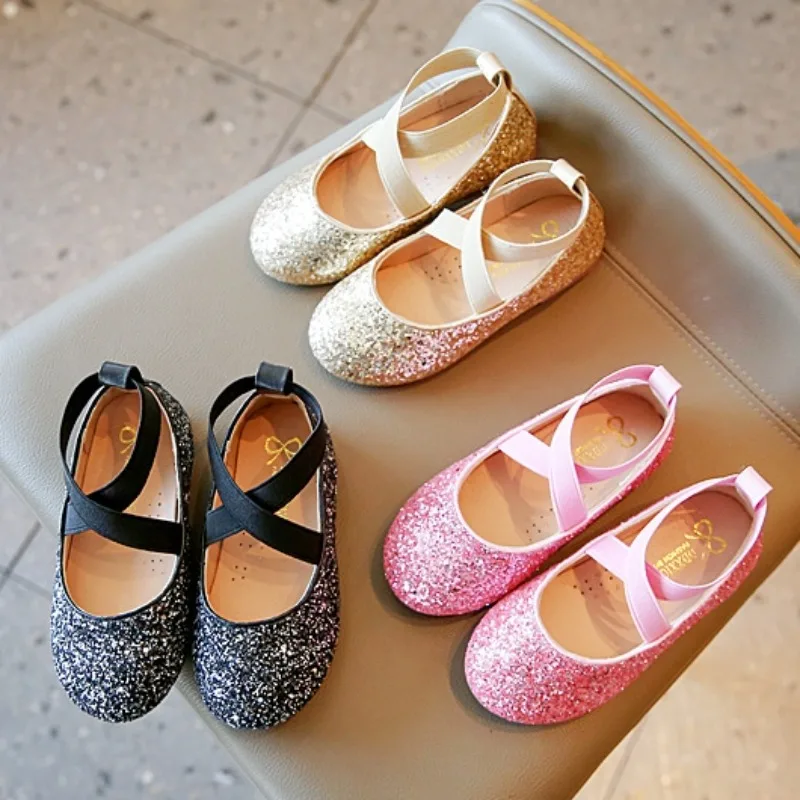 Princess Glitter Leather Girls Shoes Soft Comfortable Shiny Sequined Kids Shoes Sweet Wedding Dress Party Flats Mary Jane Shoes