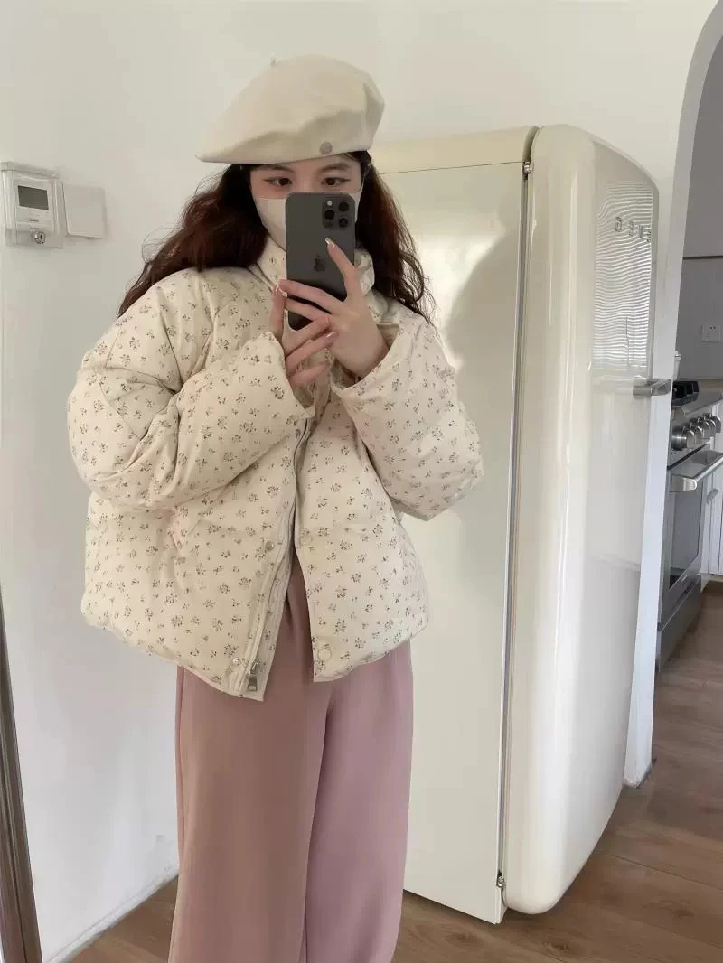 

Новинка 2025 года, хлопковая пуховая куртка с цветочным принтом, женское зимнее свободное хлопковое пальто, милая корейская куртка с хлопковой подкладкой в студенческом стиле, теплые парки