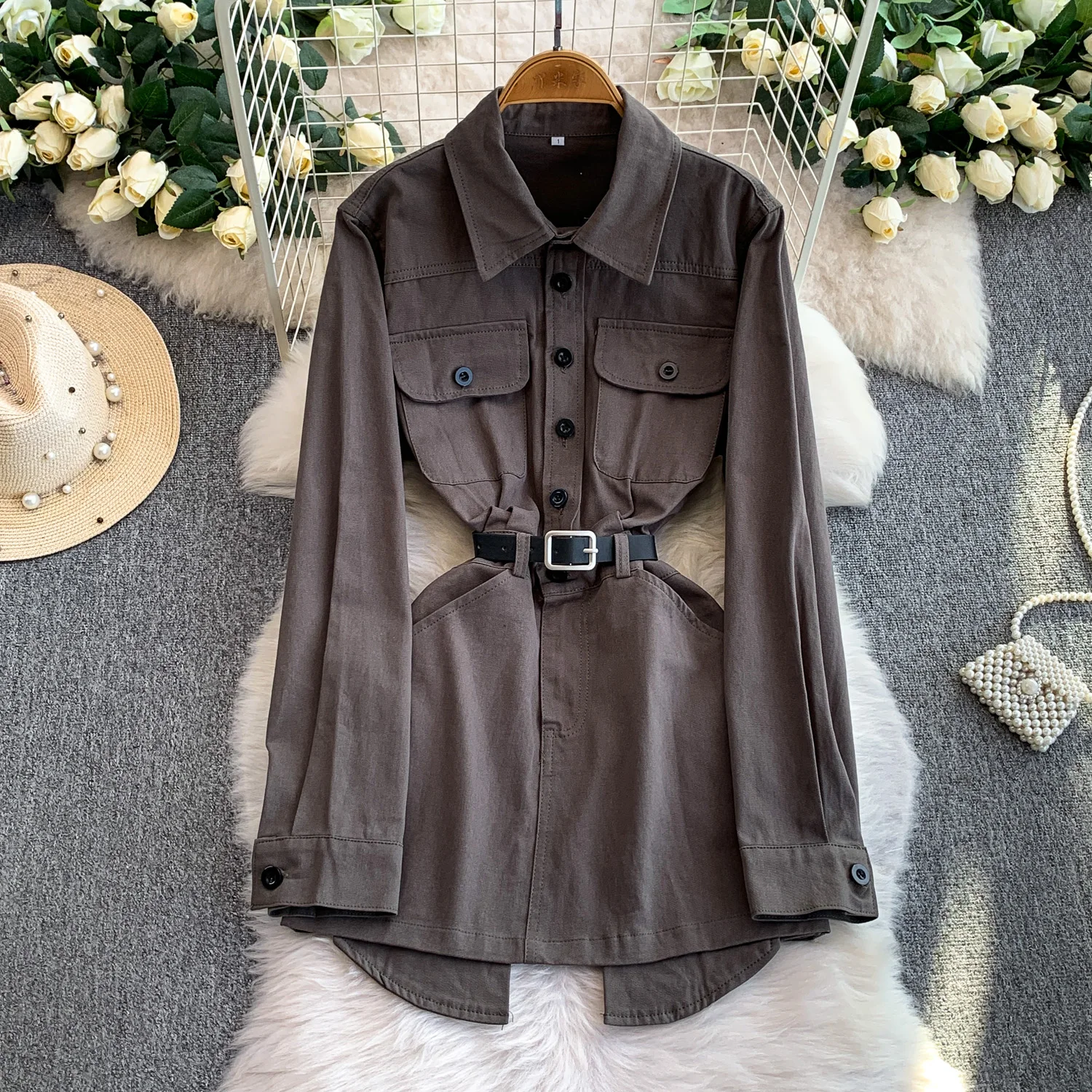 فستان SuperAen على الطراز الكوري بتصميم عتيق وياقة بولو من قماش الدنيم للنساء للخريف والشتاء فساتين قميص بخصر جديد برباط #1