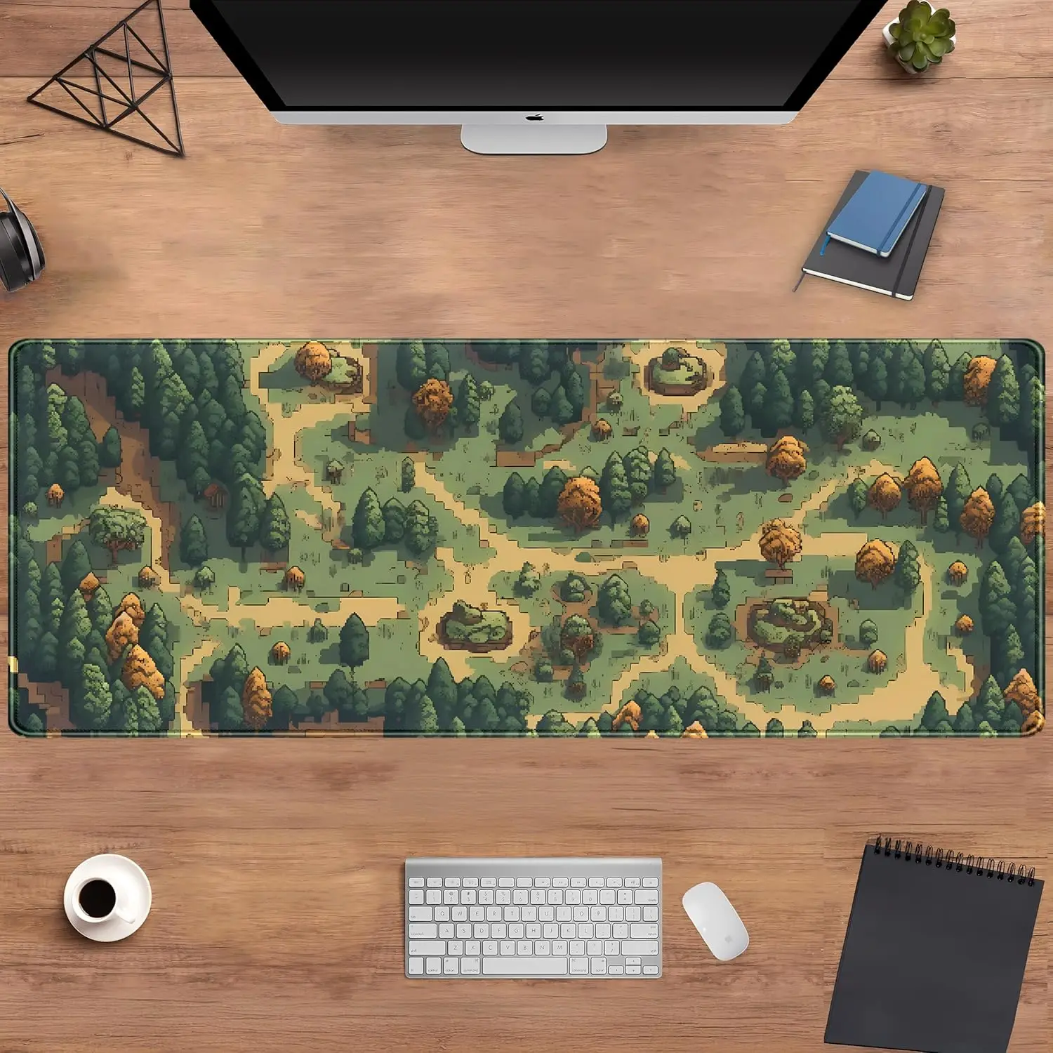 Retro Brown Green Desk Mat Green Forest Pixel Mouse Pad Non-Slip Rubber Base Mousepad, Laptop Computer Mat with Stitched Edges
