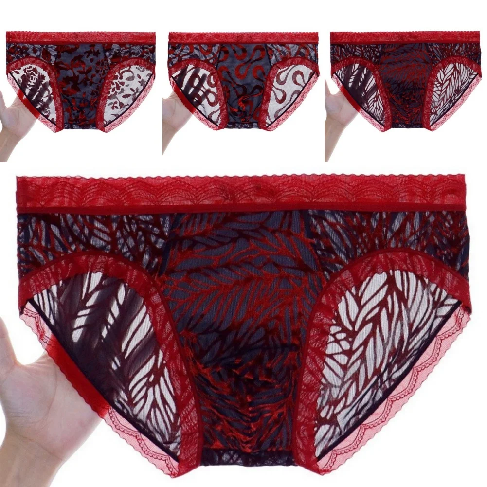 Sexy Sheer Men's Underwear Lace Trim Briefs U Pouch Sexy Fashion Flocking Printing Mesh Lingerie Panties Underpants