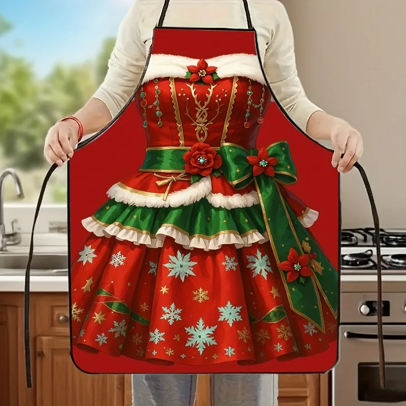 1pc Printed With Christmas Dress Pattern Festive Apron - Red And Green Lace-Up Snowflake And Bow Decoration Pattern, Suitable Fo