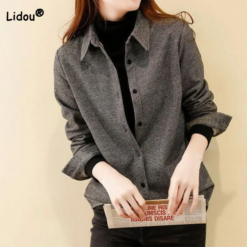 

Autumn Winter Fashion Women Blouses Turn-down Collar Thousand Bird Grid Brushed Long Sleeve Korean Thick Single Breasted Shirt