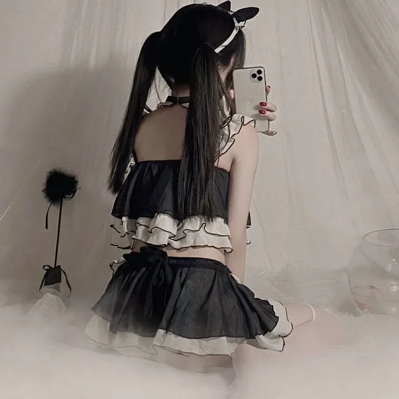 مثير حزام مواء تنورة صغيرة لطيف مثير الدانتيل سوبر لطيف القط الأذن القوس عاطفي إغراء دور اللعب موحدة