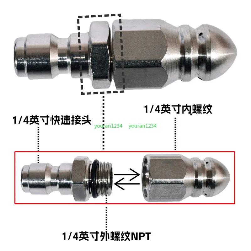

Water rat nozzle stainless steel 1/4 quick plug front one rear six nozzle sewer pipe cleaning and dredging 5000psi