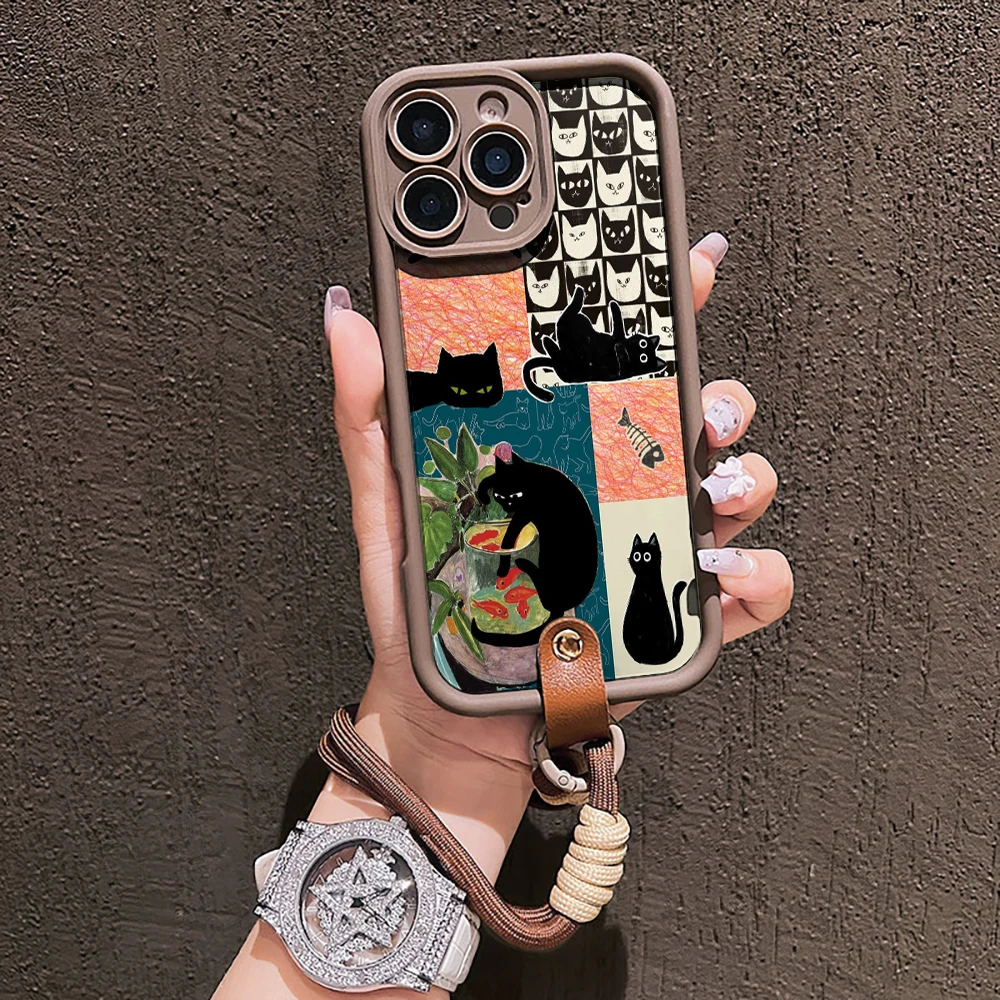 Modische Katzen-Collage-Silikon-Handyhülle für iPhone 16 17 Pro 15 14 13 12 11 Pro Max 16E 7 8 Plus XR XS mit Lanyard-Hülle – Detail 12