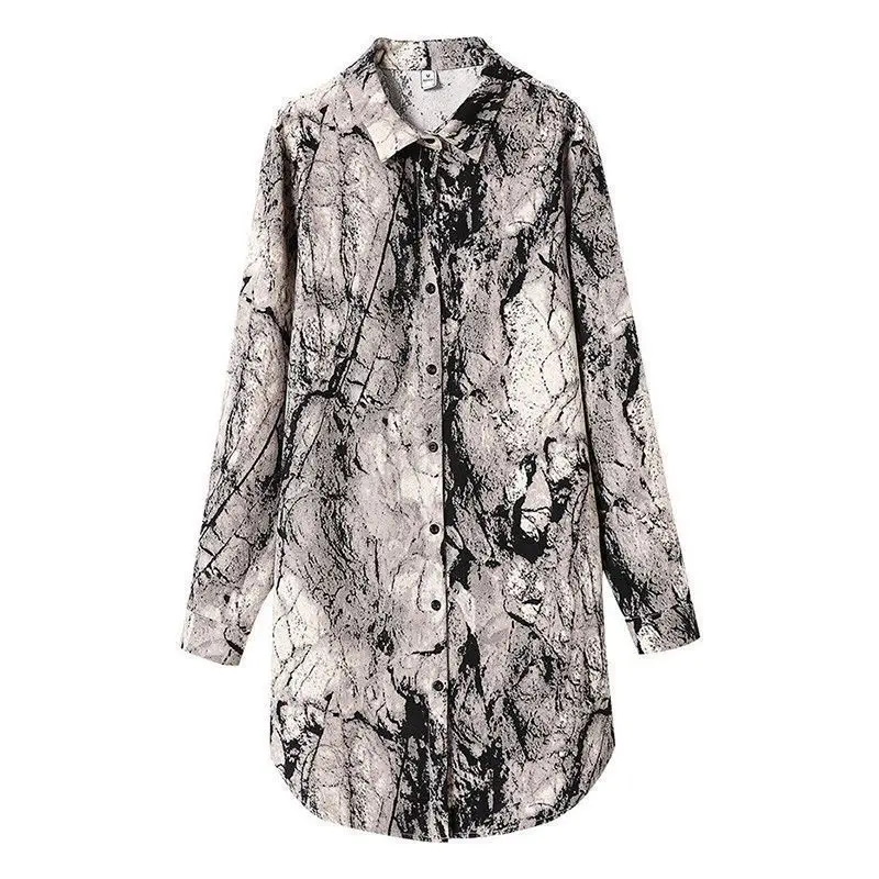Ladies Blouses 2025 Spring Mid-Length Long Sleeve Shirts Loose Fit Printed Base Blouse for Women