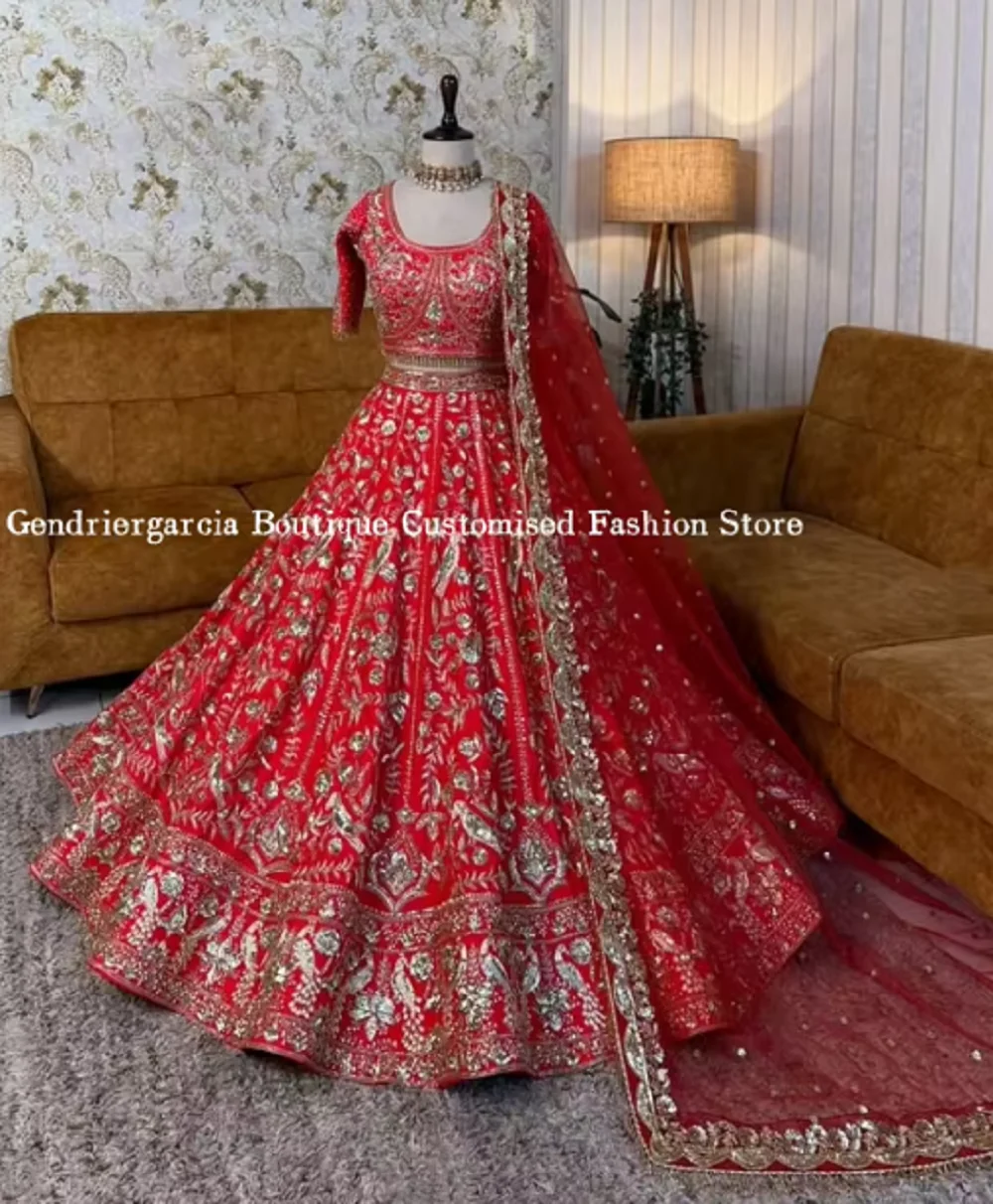Luxury Burgundy Indian Saree Evening Gowns Customised Elegant Short Sleeve Appliqued A-Line Long Dress Wedding Two Piece Set