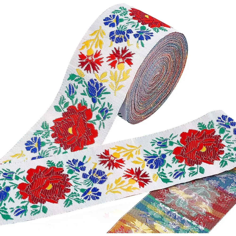 

2-дюймовая жаккардовая лента, 10 ярдов, винтажная тканая отделка, цветочная лента, тканевая отделка, бахрома, вышитая мексиканская лента для бохо