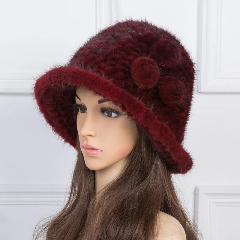 قبعة فيدورا من فرو المنك للسيدات مع لهجة زهرة المنك، قبعة شتوية دافئة وعصرية من الفرو المحبوك #4