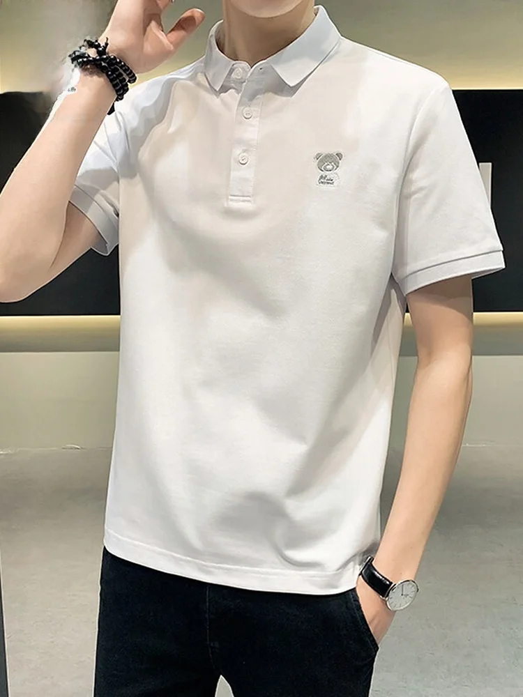 

Мужская летняя повседневная рубашка с вышивкой, свободного кроя, с отложным воротником, из комфортной хлопково-полиэстеровой смеси