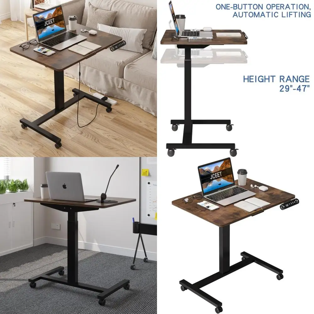Adjustable Height Electric Desk, 32x24 Inch Sit-Stand Desk with Locking Wheels and Overbed Laptop Table Feature
