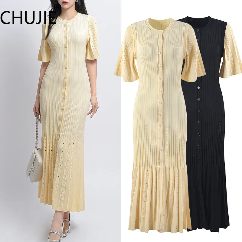 

CHUJIE French Socialite Ice Silk Dress Slim Fit Bodycon Knit Cocktail Party Dress SS25 with Pearl Buttons & Slit