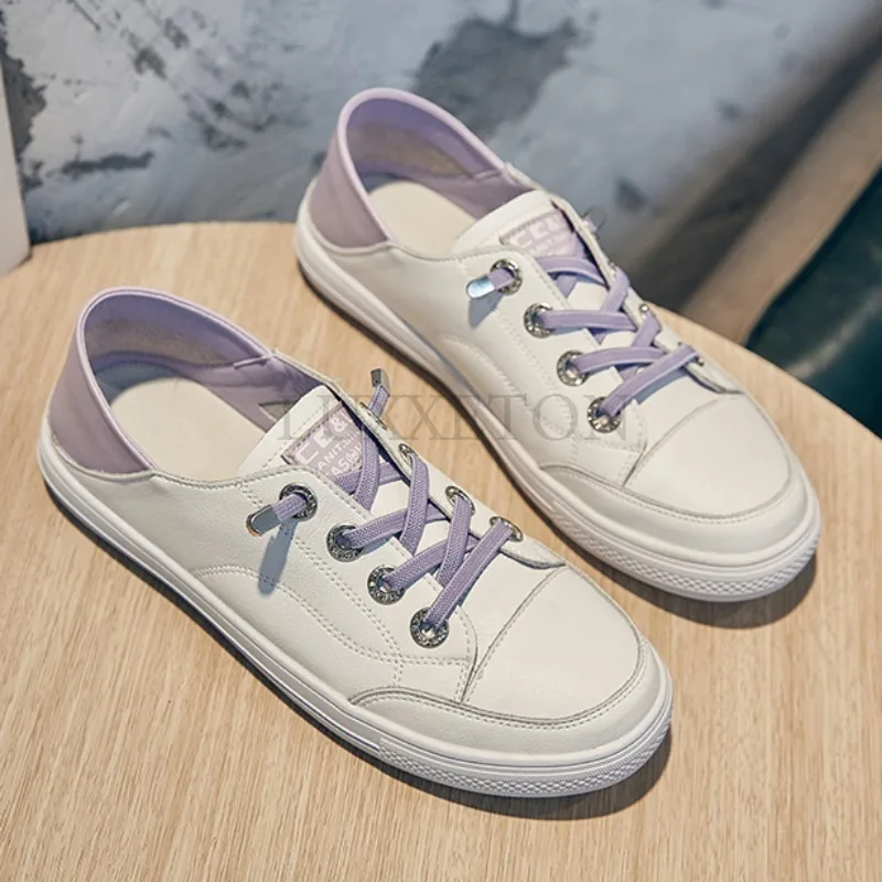 Leather Flat Bottomed Round Toe Solid Color Wear-resistant Women Singles Shoes Casual Versatile Breathable Small White Shoes