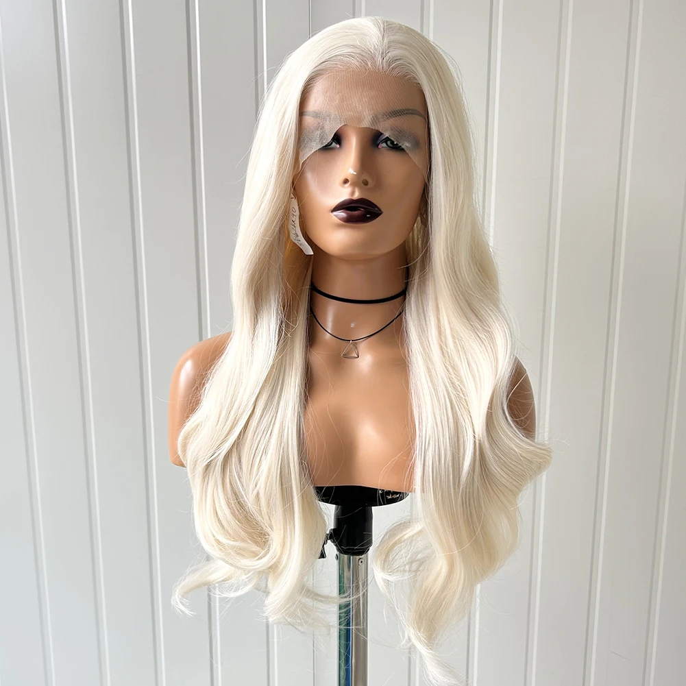 AIMEYA-Perruque Lace Front Wig synthétique ondulée blonde platine #60, perruque Lace Wig longue, résistante à la chaleur, pour femmes