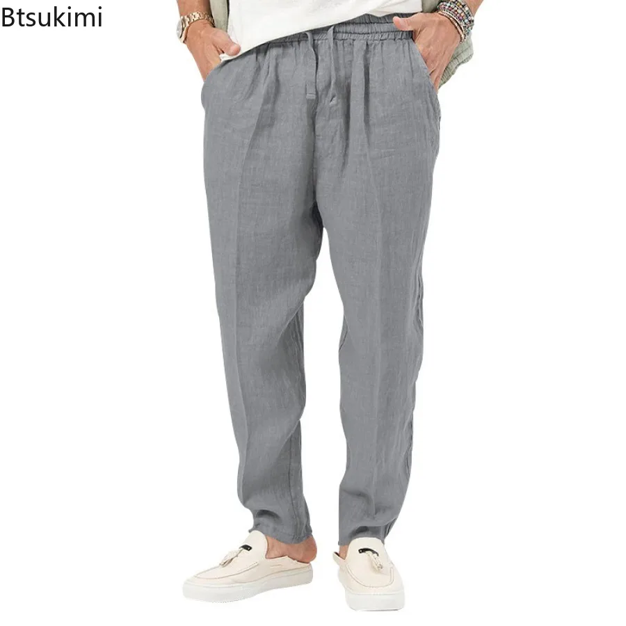 Summer New Cotton Linen Thin Pants Men's Breathable Loose Casual Trouser Fashion Solid Drawstring Simple All-match Pants for Men