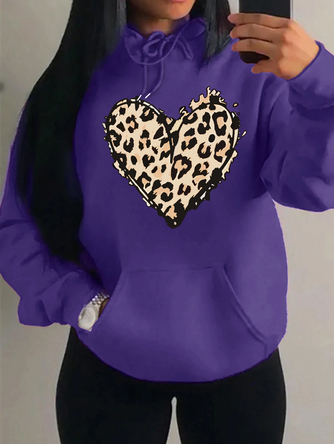 

Classic Leopard Print Heart Prints Women Y2K Clothing Japan Creative Hoody Autumn Loose Hoodies Fashion Pocket Unisex Pullovers